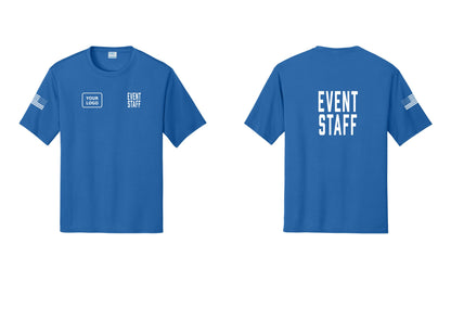 NYC Factory Custom Logo Event Staff Performance T-Shirt (Classic) - EVENT STAFF + Your Logo + Back + US Flag Sleeve - Royal
