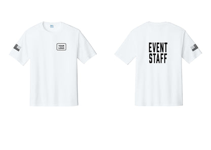 NYC Factory Custom Logo Event Staff Performance T-Shirt (Classic) - Your Logo + Back + US Flag Sleeve - White