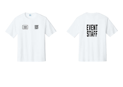 NYC Factory Custom Logo Event Staff Performance T-Shirt (Classic) - EVENT STAFF + Your Logo + Back - White
