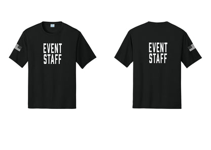NYC Factory Event Staff Performance T-Shirt (Classic) - Front + Back + US Flag Sleeve - Black