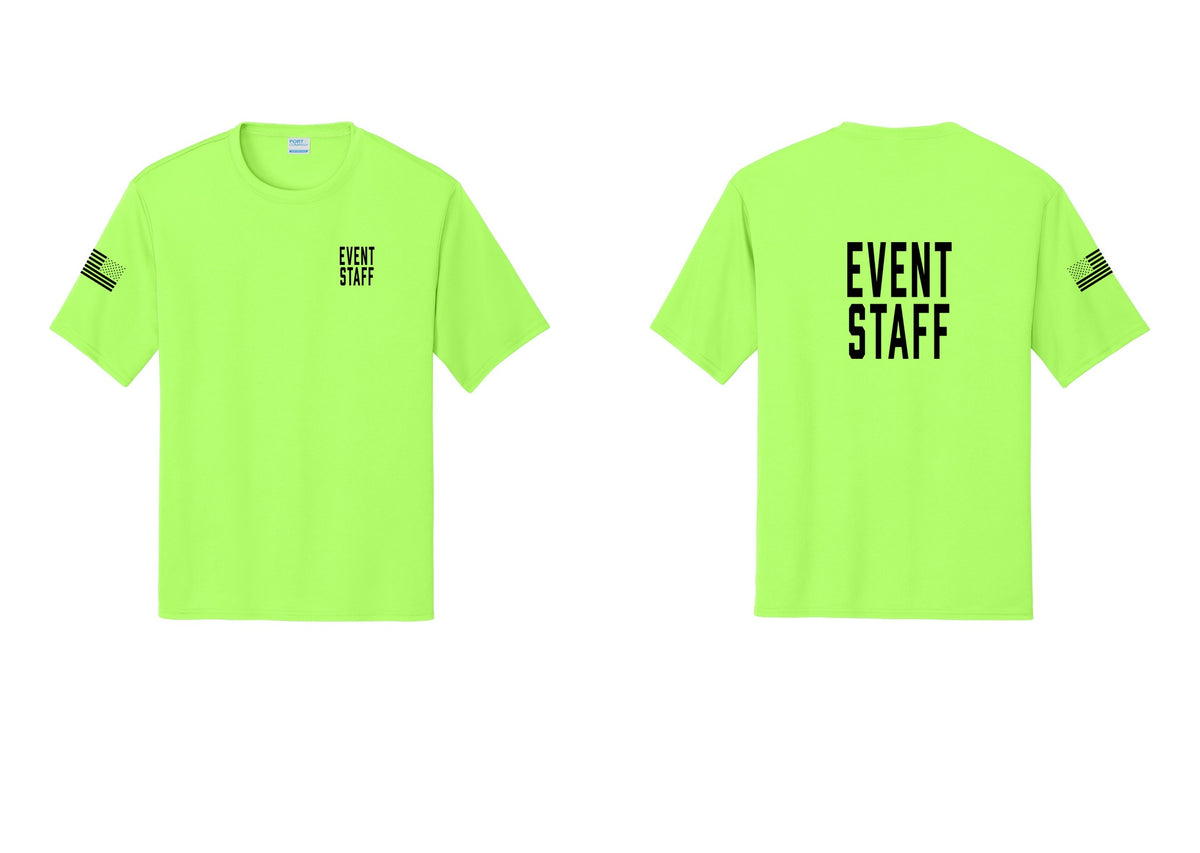 NYC Factory Event Staff Performance T-Shirt (Classic) - Chest + Back + US Flag Sleeve - Neon Green
