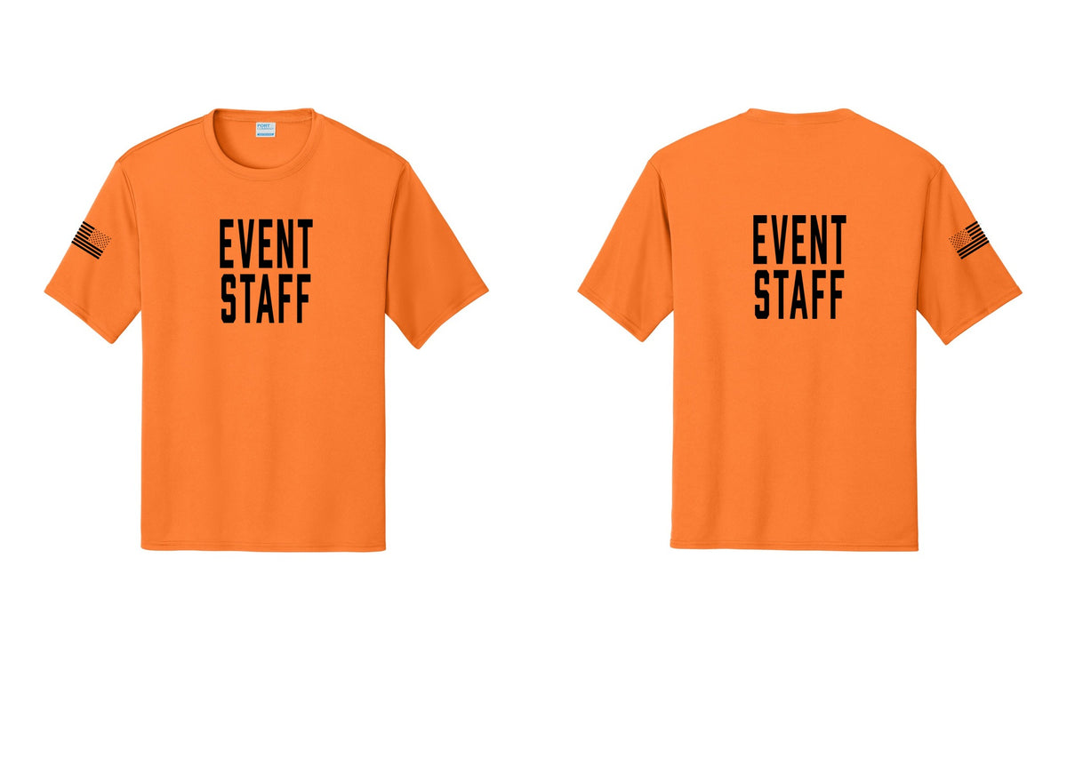 NYC Factory Event Staff Performance T-Shirt (Classic) - Front + Back + US Flag Sleeve - Neon Orange