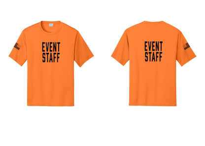 NYC Factory Event Staff Performance T-Shirt (Classic) - Front + Back + US Flag Sleeve - Neon Orange