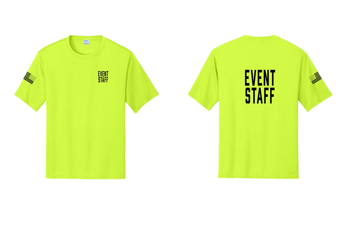 NYC Factory Event Staff Performance T-Shirt (Classic) - Chest + Back + US Flag Sleeve - Neon Yellow