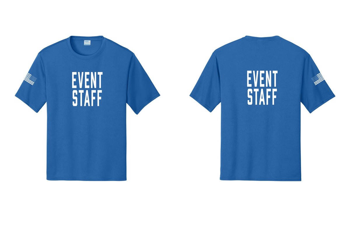 NYC Factory Event Staff Performance T-Shirt (Classic) - Front + Back + US Flag Sleeve - Royal