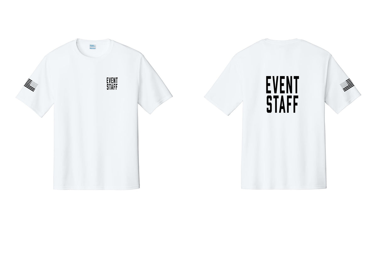 NYC Factory Event Staff Performance T-Shirt (Classic) - Chest + Back + US Flag Sleeve - White