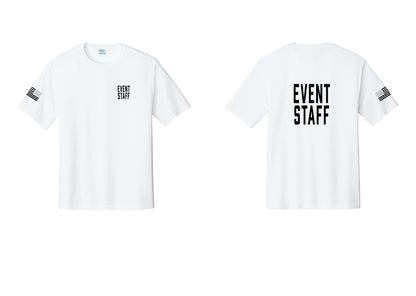 NYC Factory Event Staff Performance T-Shirt (Classic) - Chest + Back + US Flag Sleeve - White