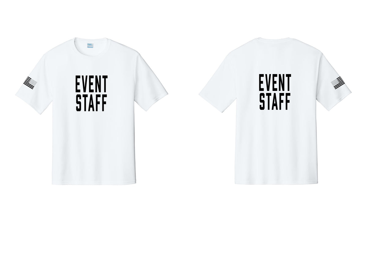 NYC Factory Event Staff Performance T-Shirt (Classic) - Front + Back + US Flag Sleeve - White