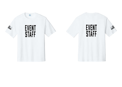 NYC Factory Event Staff Performance T-Shirt (Classic) - Front + Back + US Flag Sleeve - White
