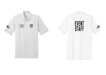 NYC Factory Custom Logo Event Staff Polo Shirt (Classic) - EVENT STAFF + Your Logo + Back + US Flag Sleeve - White