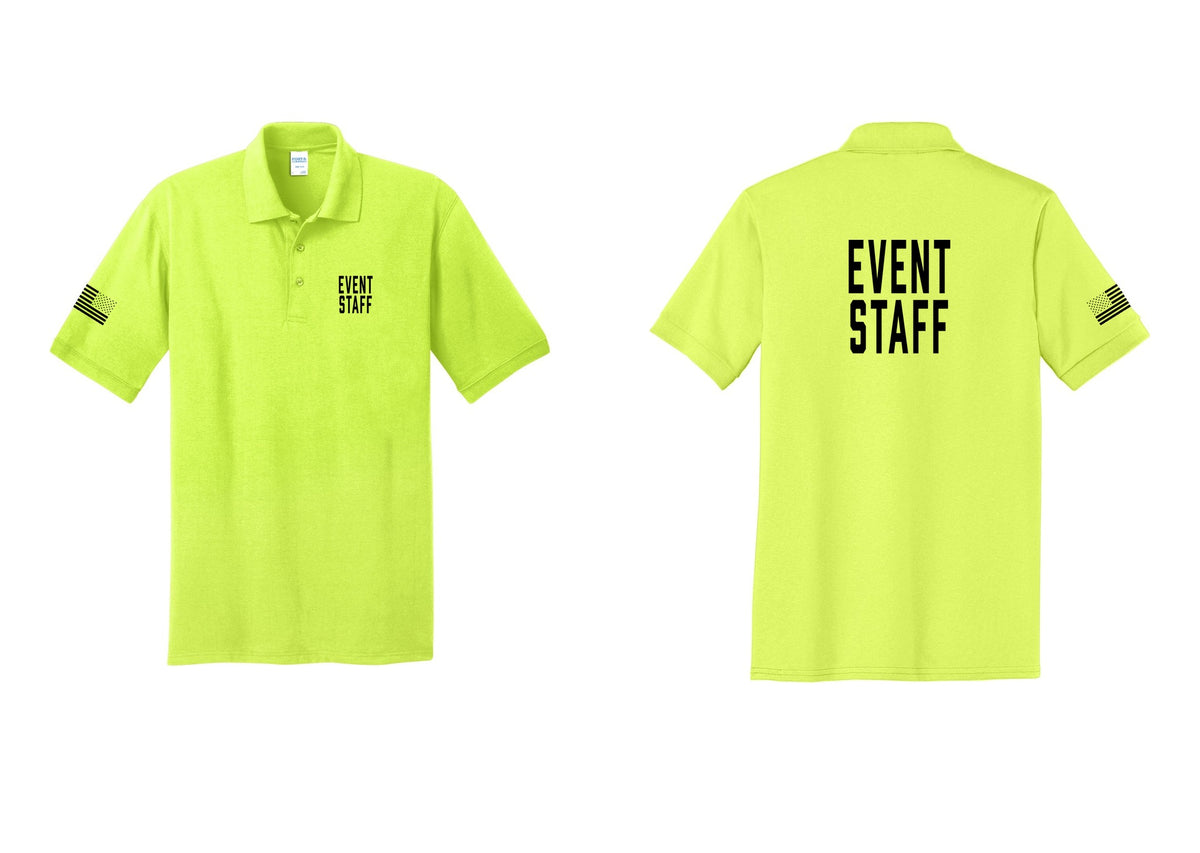 NYC Factory Event Staff Polo Shirt (Classic) - Chest + Back + US Flag Sleeve - Safety Green