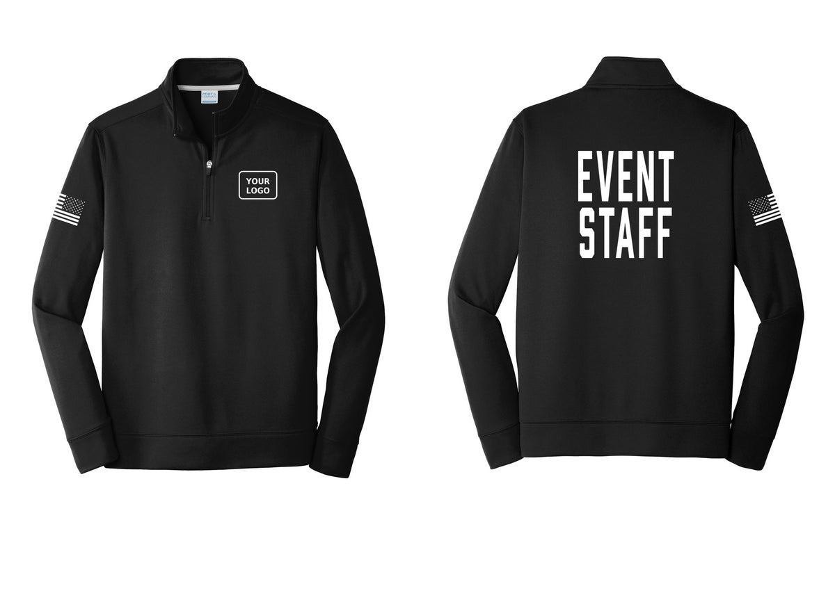NYC Factory Custom Logo Event Staff Performance Fleece 1/4-Zip Pullover Sweatshirt (Classic) - Your Logo + Back + US Flag Sleeve - Black