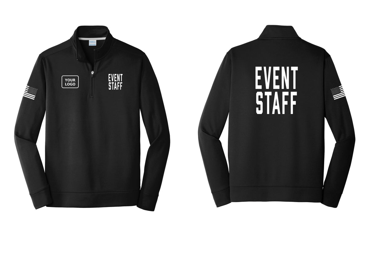 NYC Factory Custom Logo Event Staff Performance Fleece 1/4-Zip Pullover Sweatshirt (Classic) - EVENT STAFF + Your Logo + Back + US Flag Sleeve - Black