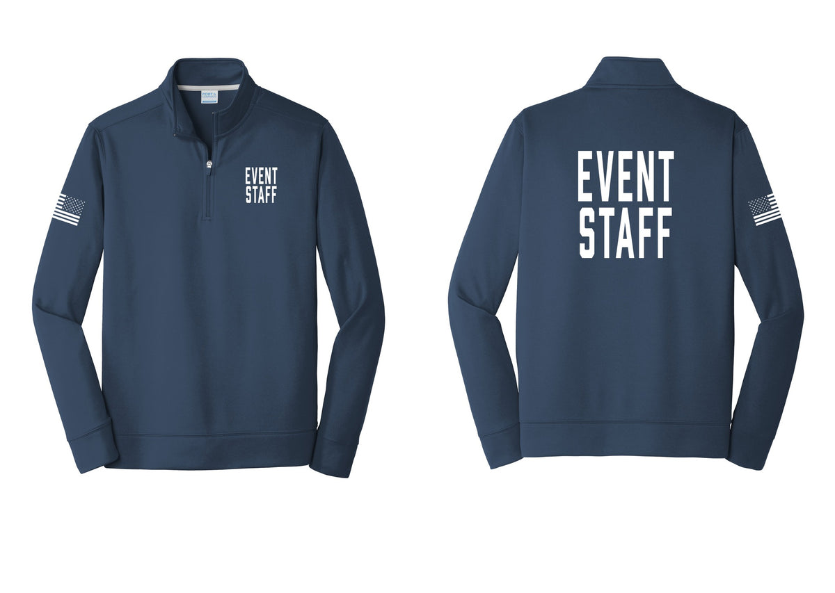NYC Factory Event Staff Performance Fleece 1/4-Zip Pullover Sweatshirt (Classic) - Chest + Back + US Flag Sleeve - Navy