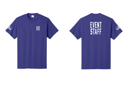NYC Factory Event Staff T-Shirt, Condensed Lettering - Chest + Back + US Flag Sleeve - Purple