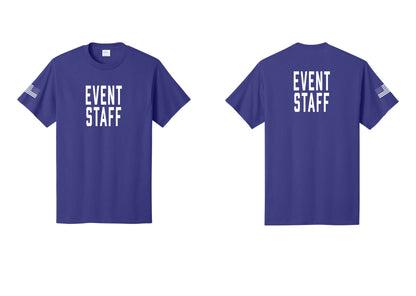 NYC Factory Event Staff T-Shirt, Condensed Lettering - Front + Back + US Flag Sleeve - Purple
