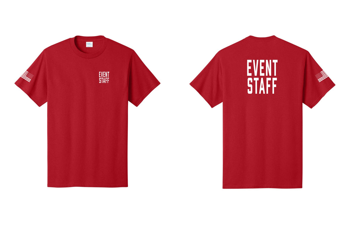 NYC Factory Event Staff T-Shirt, Condensed Lettering - Chest + Back + US Flag Sleeve - Red
