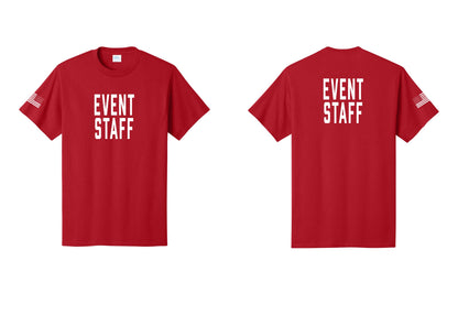 NYC Factory Event Staff T-Shirt, Condensed Lettering - Front + Back + US Flag Sleeve - Red