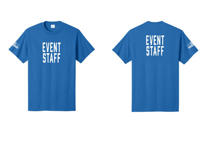 NYC Factory Event Staff T-Shirt, Condensed Lettering - Front + Back + US Flag Sleeve - Royal