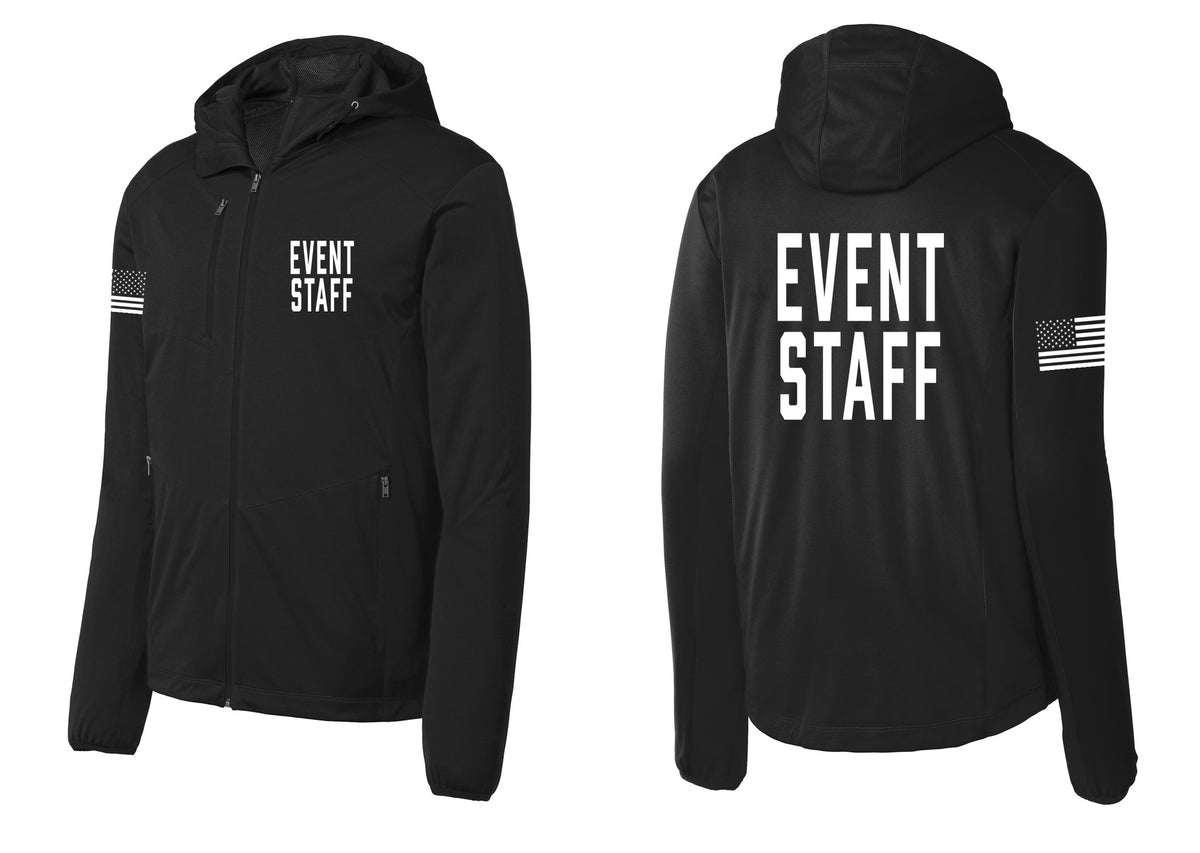 NYC Factory Event Staff Soft Shell Hooded Jacket (Classic) - Chest + Back + US Flag Sleeve - Deep Black