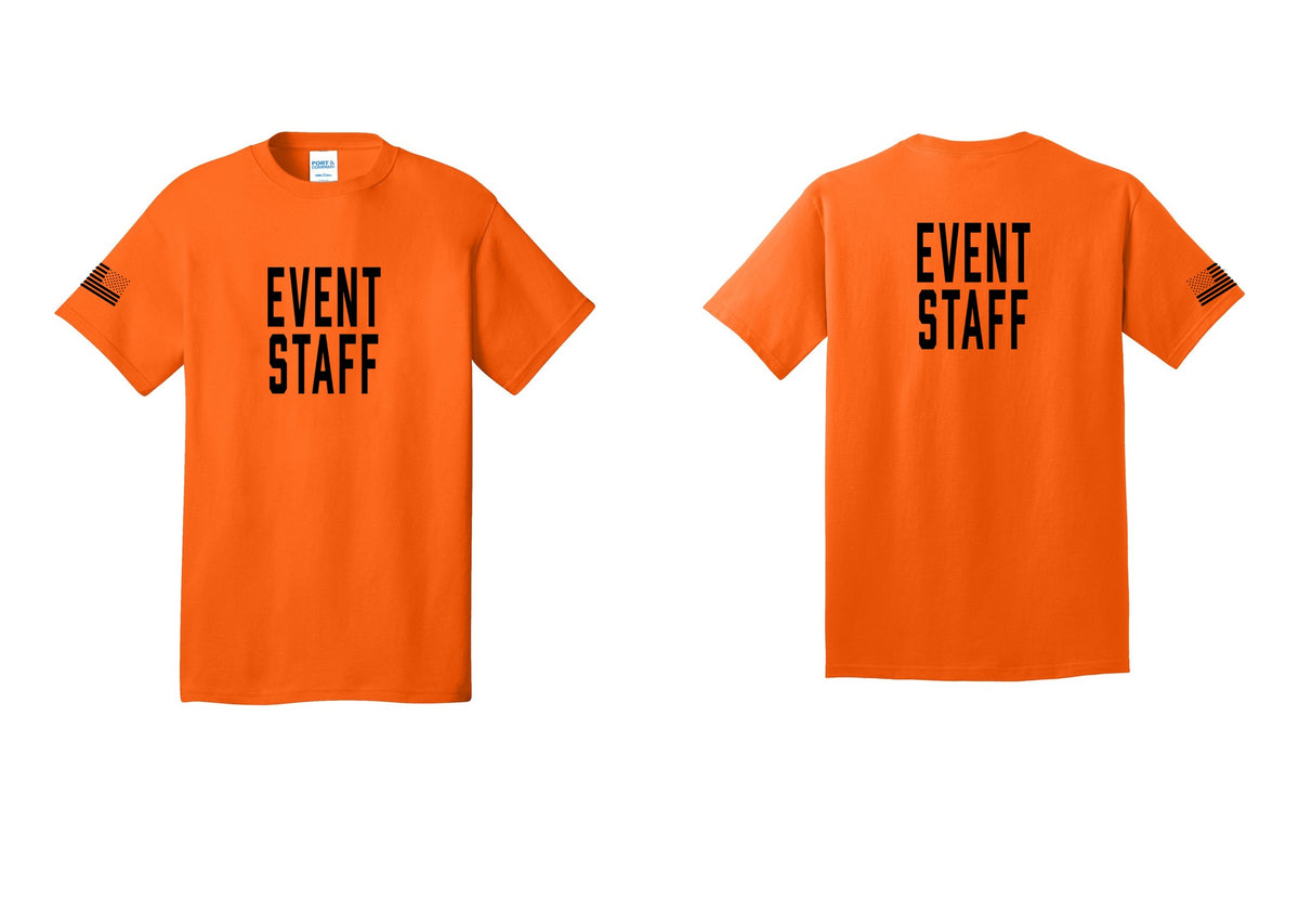 NYC Factory Event Staff T-Shirt, Condensed Lettering - Front + Back + US Flag Sleeve - Safety Orange