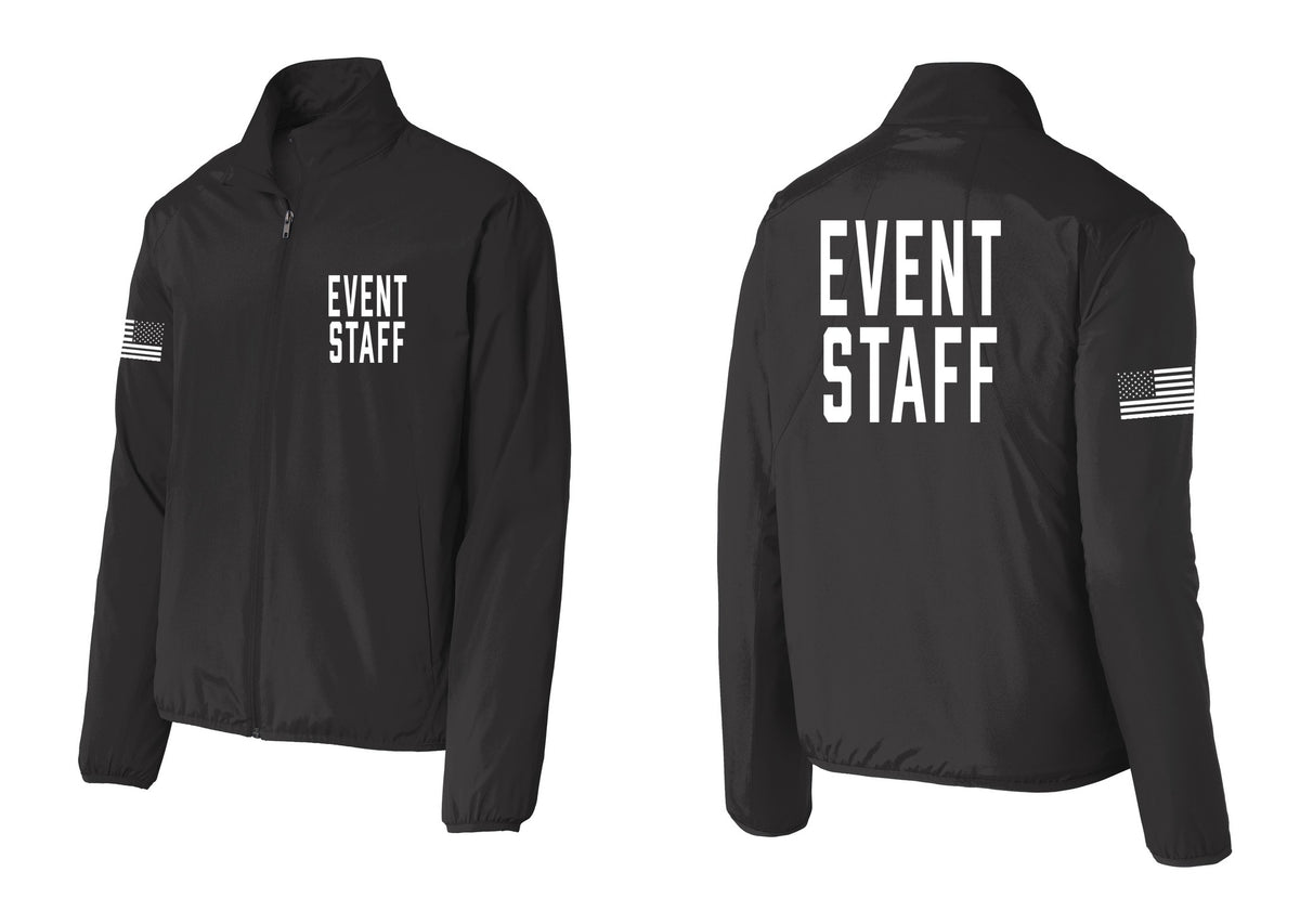 NYC Factory Event Staff Windbreaker Full-Zip Jacket (Classic) - Chest + Back + US Flag Sleeve - Black