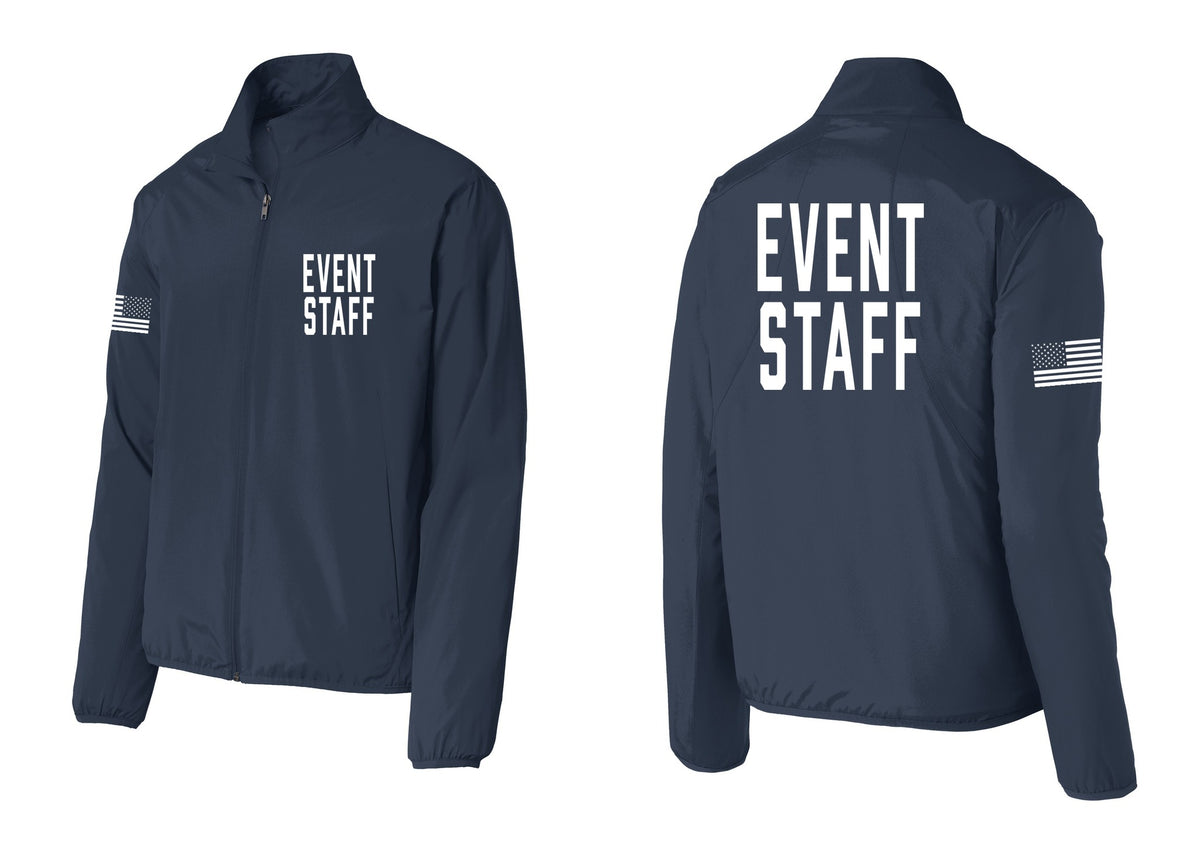NYC Factory Event Staff Windbreaker Full-Zip Jacket (Classic) - Chest + Back + US Flag Sleeve - Dress Blue Navy