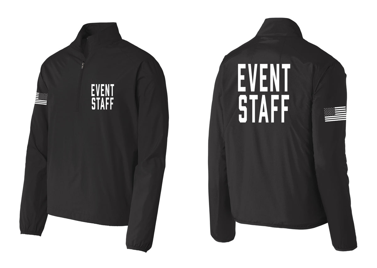 NYC Factory Event Staff Windbreaker 1/2-Zip Pullover (Classic) - Chest + Back + US Flag Sleeve - Black