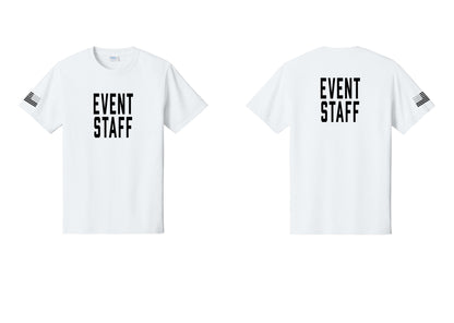 NYC Factory Event Staff T-Shirt, Condensed Lettering - Front + Back + US Flag Sleeve - White
