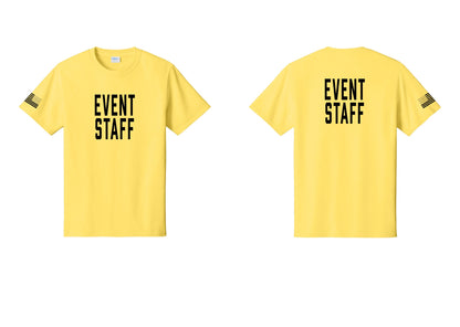 NYC Factory Event Staff T-Shirt, Condensed Lettering - Front + Back + US Flag Sleeve - Yellow