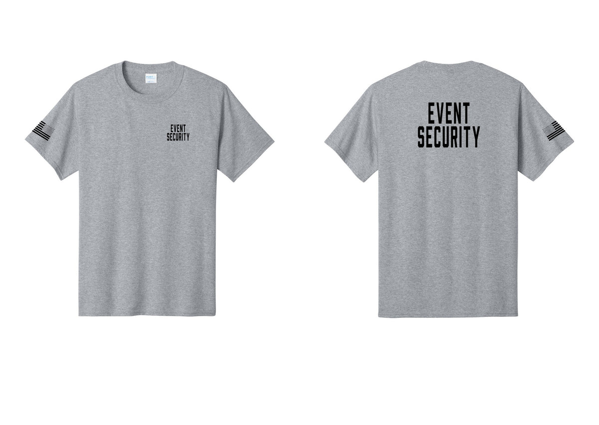 NYC Factory Event Security T-Shirt for Venues & Crowd Management (Classic) - Chest + Back + US Flag Sleeve - Athletic Heather