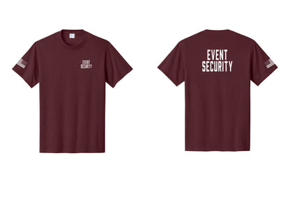 NYC Factory Event Security T-Shirt for Venues & Crowd Management (Classic) - Chest + Back + US Flag Sleeve - Athletic Maroon