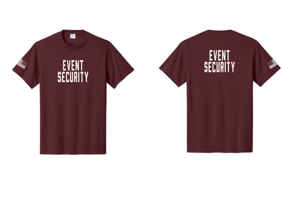 NYC Factory Event Security T-Shirt for Venues & Crowd Management (Classic) - Front + Back + US Flag Sleeve - Athletic Maroon