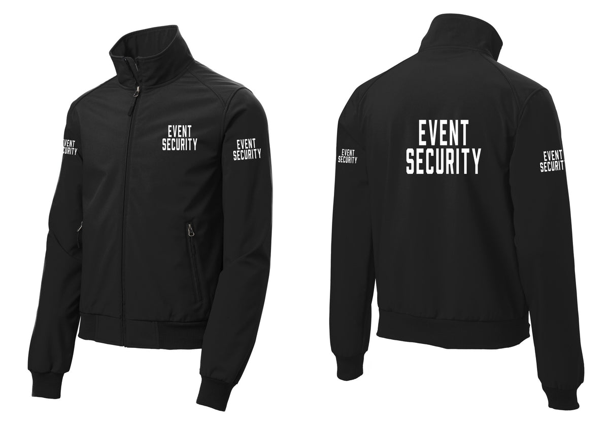 NYC Factory Event Security Soft Shell Bomber Jacket (Classic) - Chest + Back + Event Security Sleeves - Black