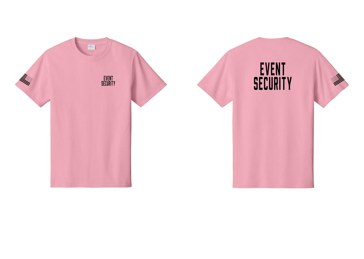 NYC Factory Event Security T-Shirt for Venues & Crowd Management (Classic) - Chest + Back + US Flag Sleeve - Candy Pink