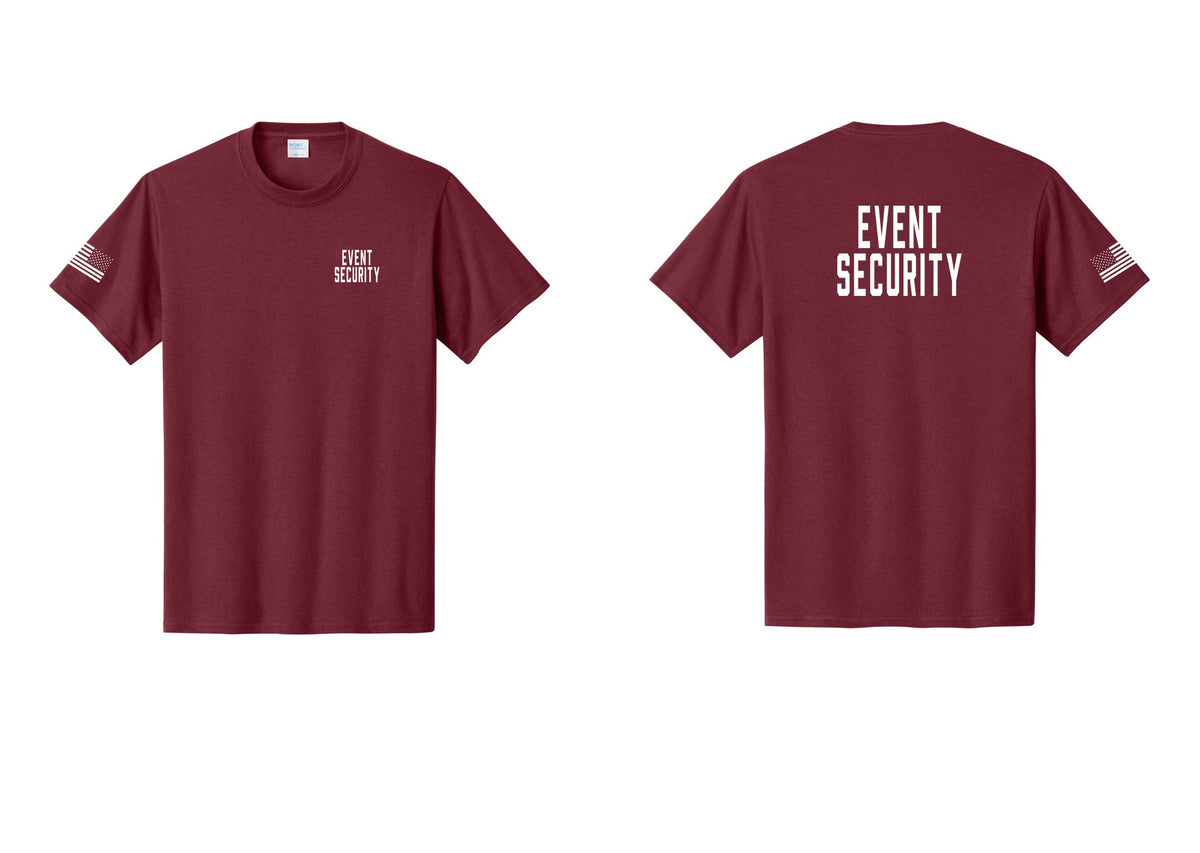 NYC Factory Event Security T-Shirt for Venues & Crowd Management (Classic) - Chest + Back + US Flag Sleeve - Cardinal