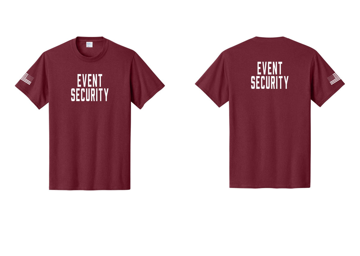 NYC Factory Event Security T-Shirt for Venues & Crowd Management (Classic) - Front + Back + US Flag Sleeve - Cardinal