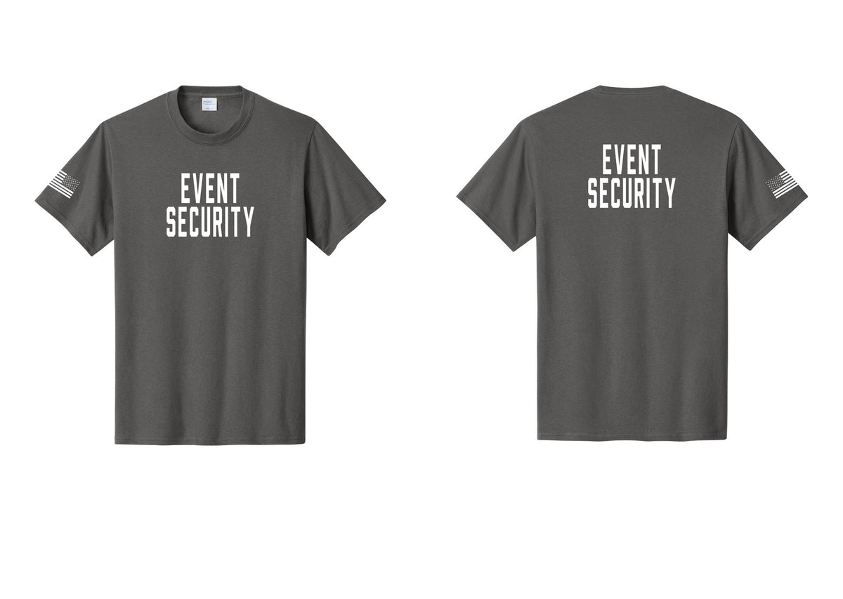 NYC Factory Event Security T-Shirt for Venues & Crowd Management (Classic) - Front + Back + US Flag Sleeve - Charcoal