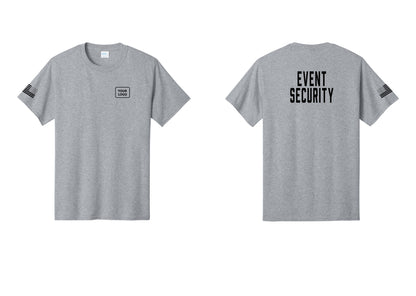NYC Factory Custom Logo Event Security T-Shirt for Venues & Crowd Management (Classic) - Your Logo + Back + US Flag Sleeve - Athletic Heather