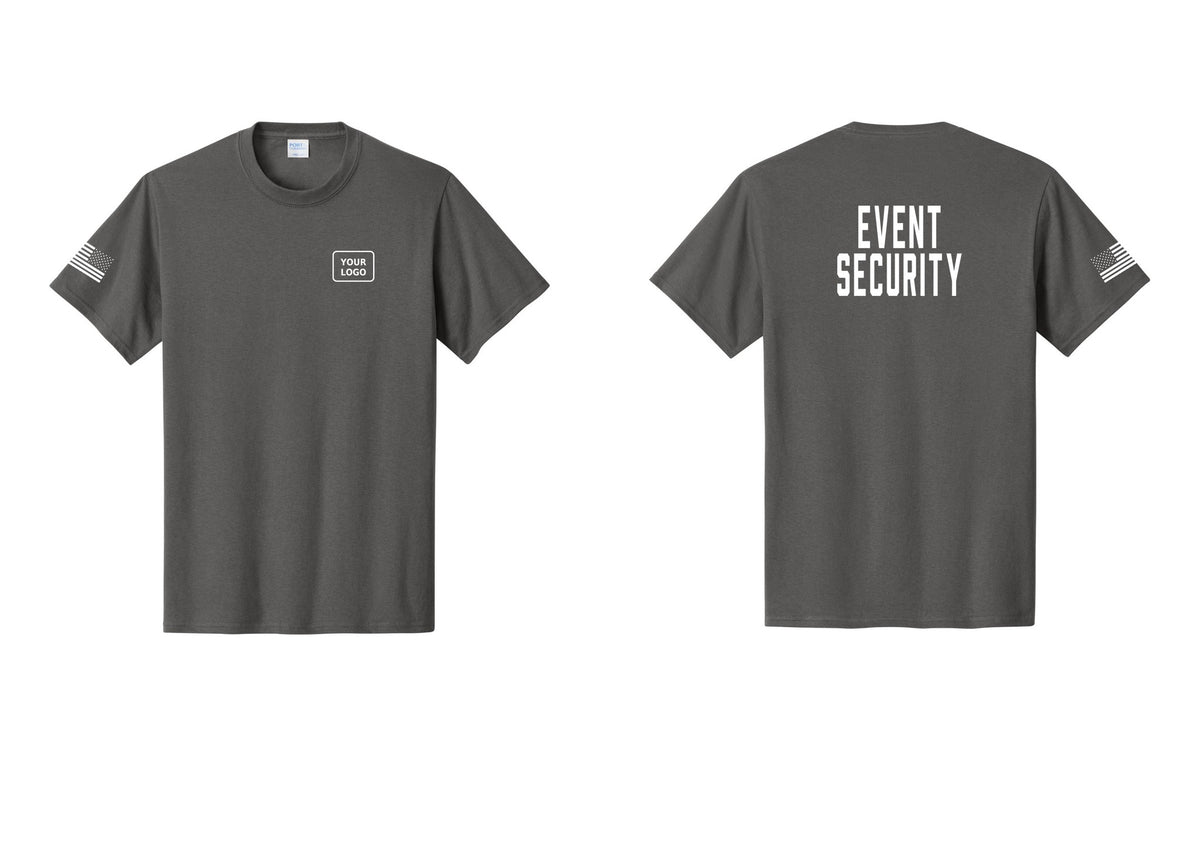 NYC Factory Custom Logo Event Security T-Shirt for Venues & Crowd Management (Classic) - Your Logo + Back + US Flag Sleeve - Charcoal