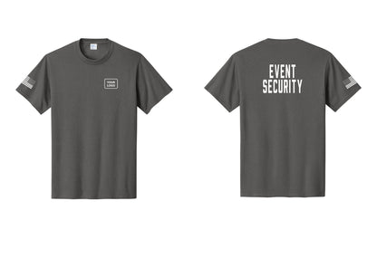 NYC Factory Custom Logo Event Security T-Shirt for Venues & Crowd Management (Classic) - Your Logo + Back + US Flag Sleeve - Charcoal