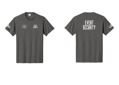 NYC Factory Custom Logo Event Security T-Shirt for Venues & Crowd Management (Classic) - EVENT SECURITY + Your Logo + Back + US Flag Sleeve - Charcoal