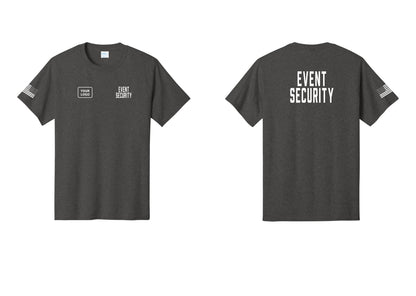 NYC Factory Custom Logo Event Security T-Shirt for Venues & Crowd Management (Classic) - EVENT SECURITY + Your Logo + Back + US Flag Sleeve - Dark Heather Grey