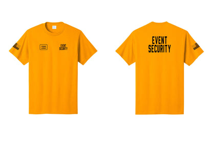 NYC Factory Custom Logo Event Security T-Shirt for Venues & Crowd Management (Classic) - EVENT SECURITY + Your Logo + Back + US Flag Sleeve - Gold