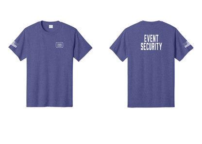 NYC Factory Custom Logo Event Security T-Shirt for Venues & Crowd Management (Classic) - Your Logo + Back + US Flag Sleeve - Heather Purple