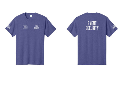 NYC Factory Custom Logo Event Security T-Shirt for Venues & Crowd Management (Classic) - EVENT SECURITY + Your Logo + Back + US Flag Sleeve - Heather Purple