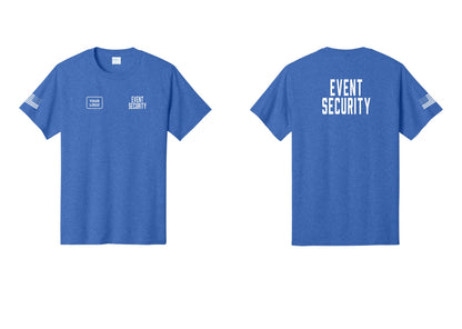 NYC Factory Custom Logo Event Security T-Shirt for Venues & Crowd Management (Classic) - EVENT SECURITY + Your Logo + Back + US Flag Sleeve - Heather Royal