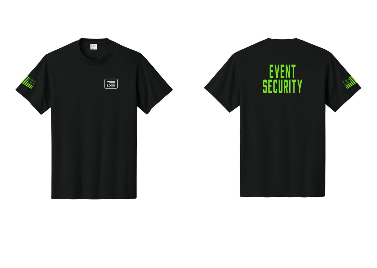 NYC Factory Custom Logo Event Security T-Shirt for Venues & Crowd Management (Classic) - Your Logo + Back + US Flag Sleeve - Black / Neon