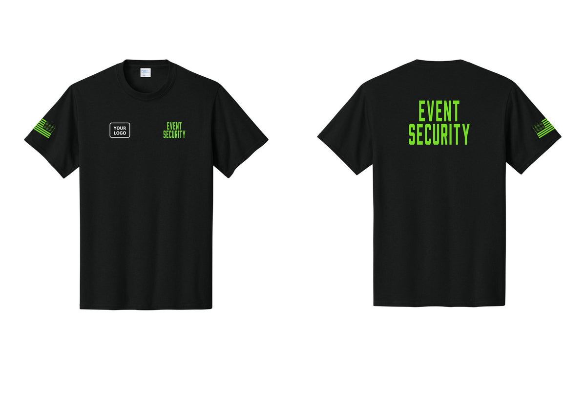 NYC Factory Custom Logo Event Security T-Shirt for Venues & Crowd Management (Classic) - EVENT SECURITY + Your Logo + Back + US Flag Sleeve - Black / Neon