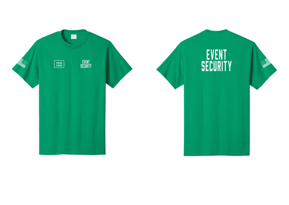NYC Factory Custom Logo Event Security T-Shirt for Venues & Crowd Management (Classic) - EVENT SECURITY + Your Logo + Back + US Flag Sleeve - Kelly